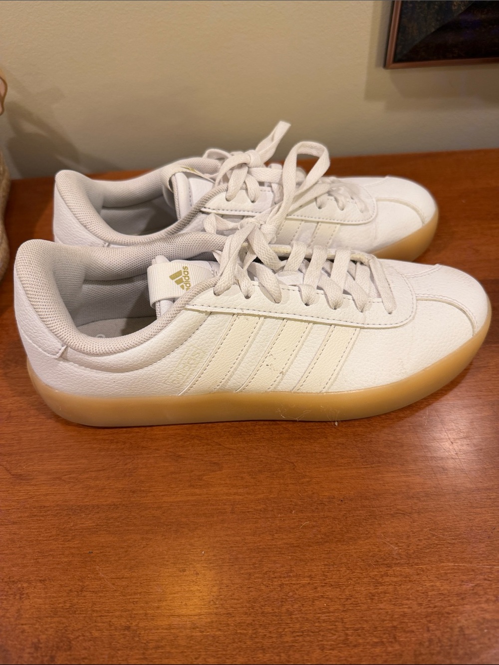 adidas women’s 8.5 White Sneakers with Gum-Color Sole